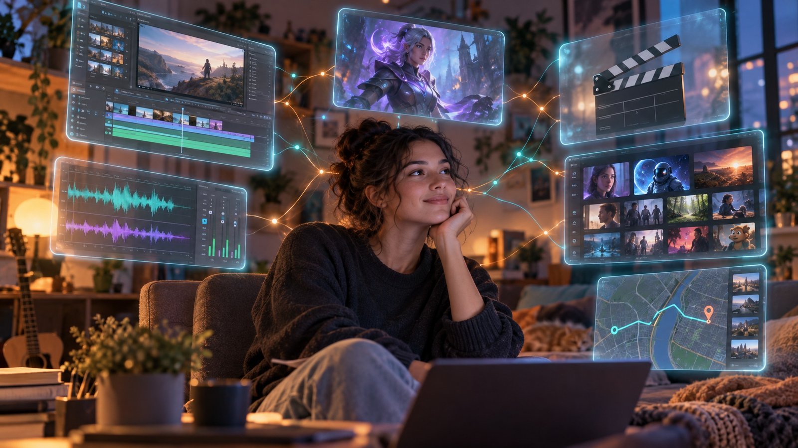 A person relaxing at home surrounded by glowing holographic screens for video editing, games, film, music, streaming and maps