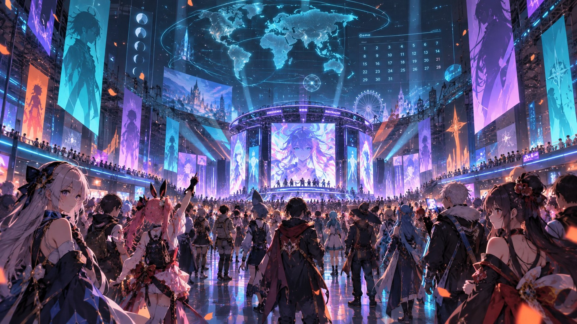 Illustrated anime convention hall at night, packed with cosplayers under neon screens