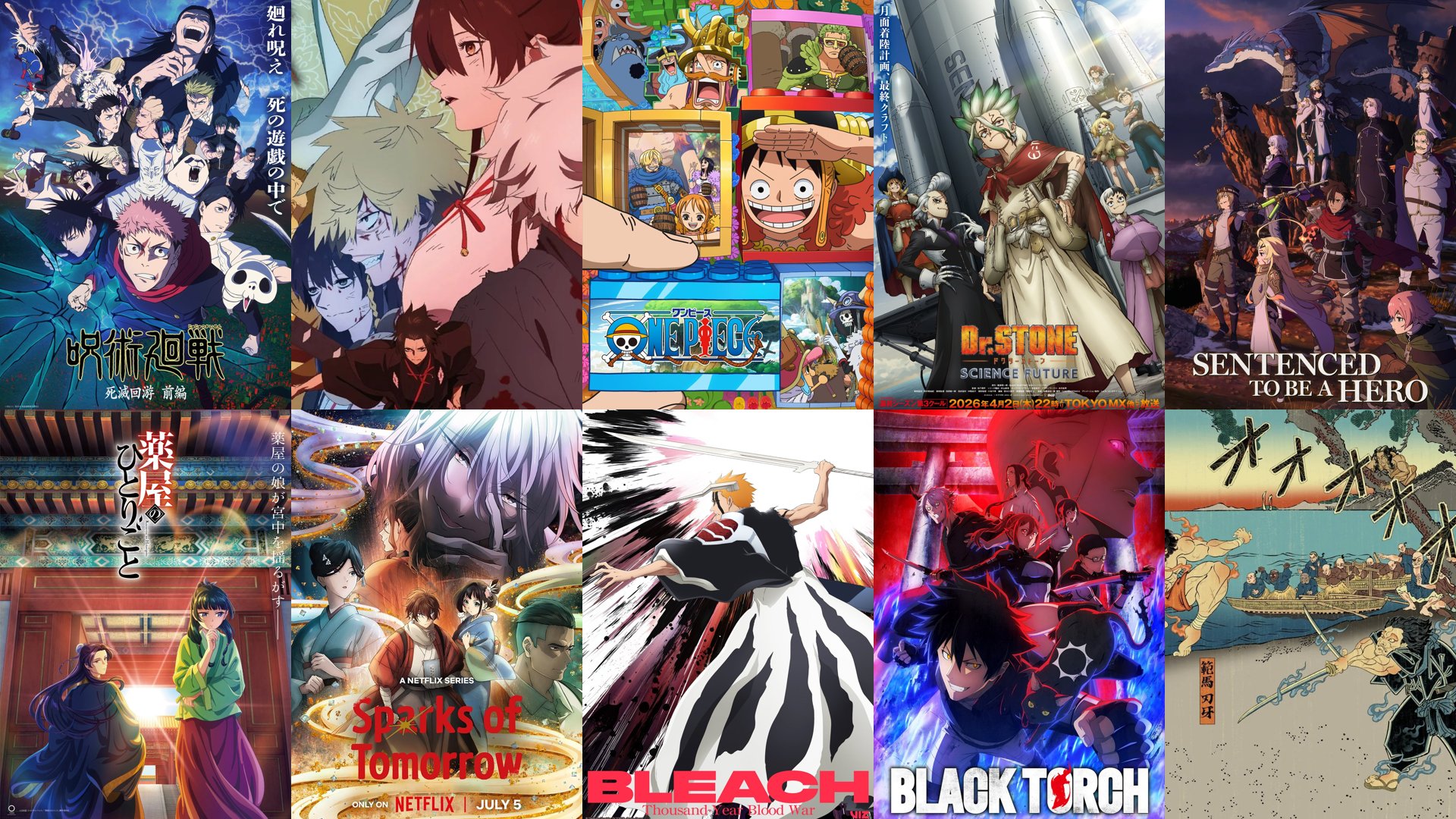 Collage of official artwork from the 10 anime on our 2026 list