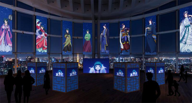 Concept art of the exhibition floor: tall character banners line the windows of Tokyo City View, with glowing lantern displays and a large screen in front of the Tokyo night skyline
