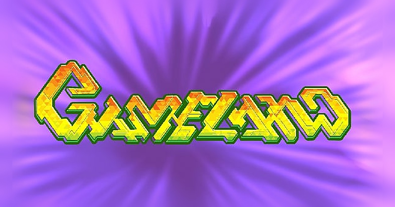 The GAMELAND logo: chunky pixel-style lettering in yellow, orange and green over a glowing purple burst