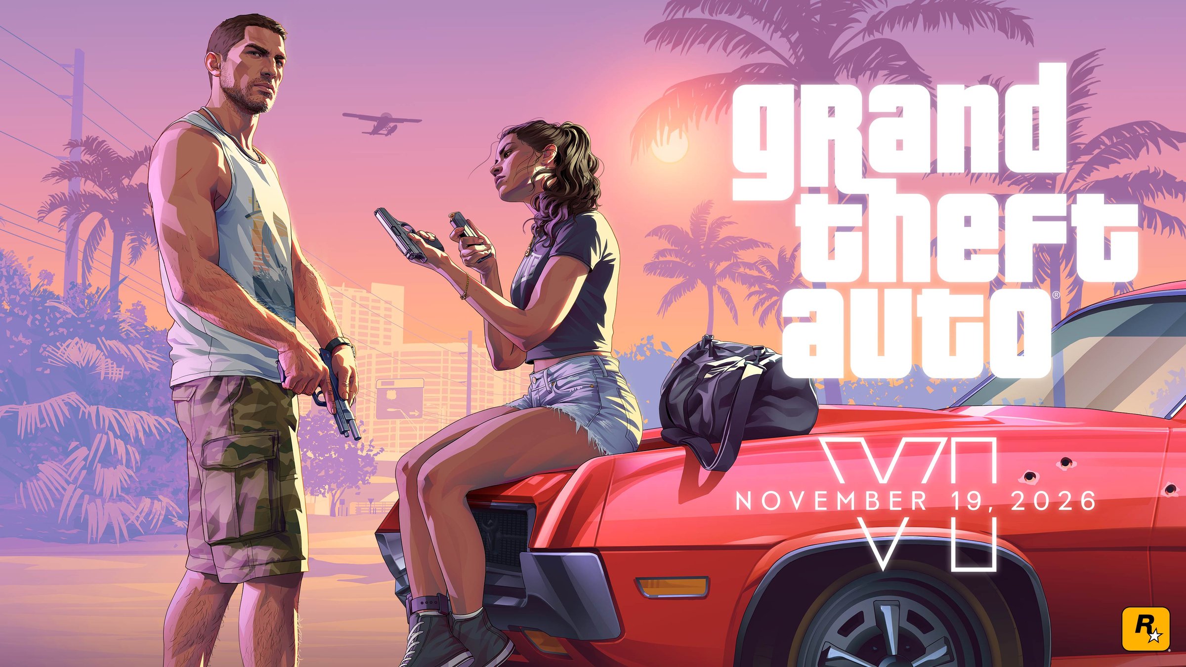 Official Grand Theft Auto VI key art with Jason and Lucia in front of a red car under Vice City palm trees, with the November 19, 2026 release date