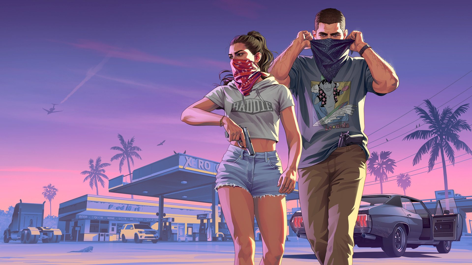 Official GTA 6 art of Jason and Lucia in bandanas walking away from a gas station at sunset