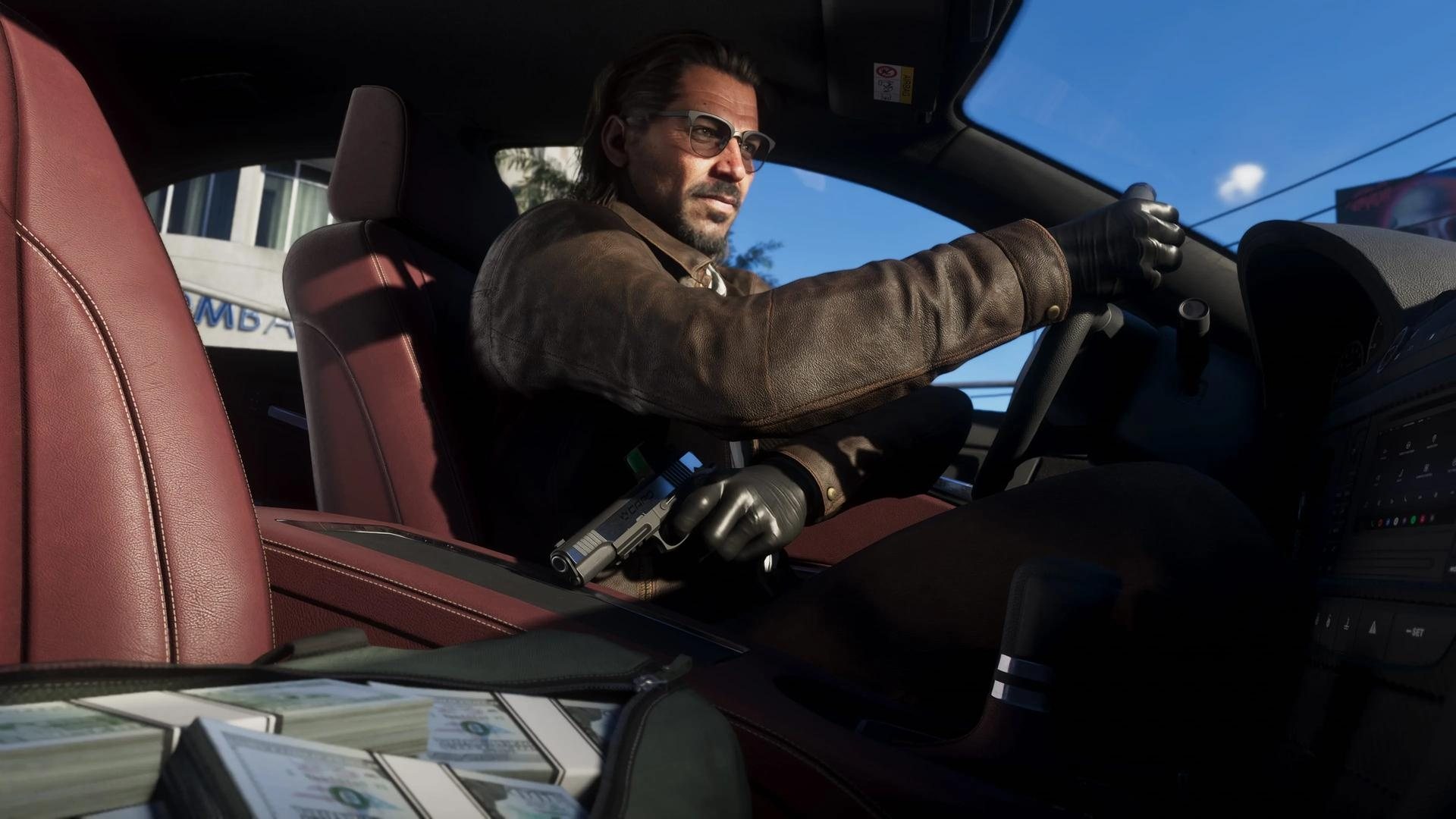 A busy Vice City street lined with murals, bikes and classic cars