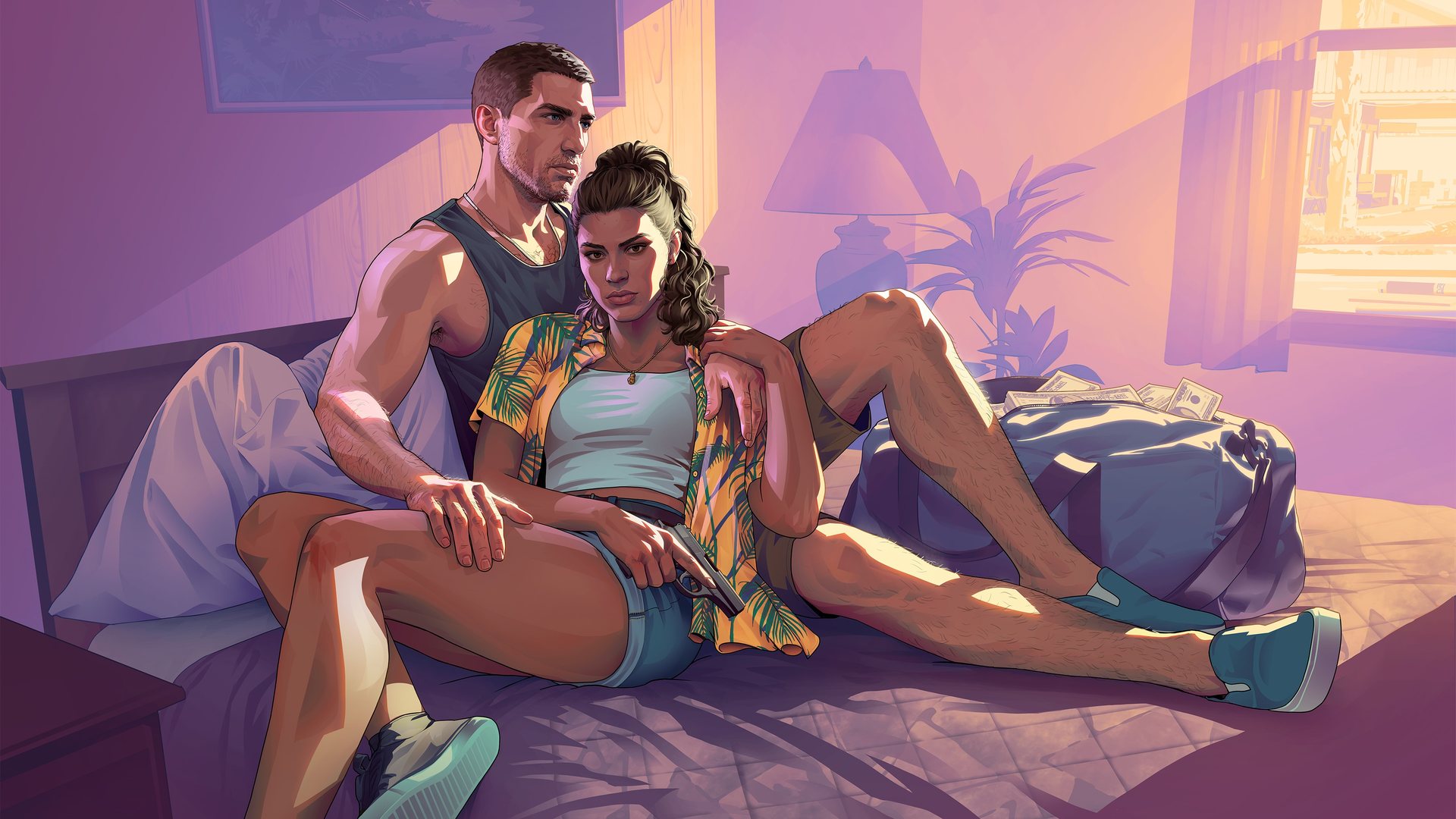 Jason and Lucia relaxing on a motel bed next to a bag stuffed with cash