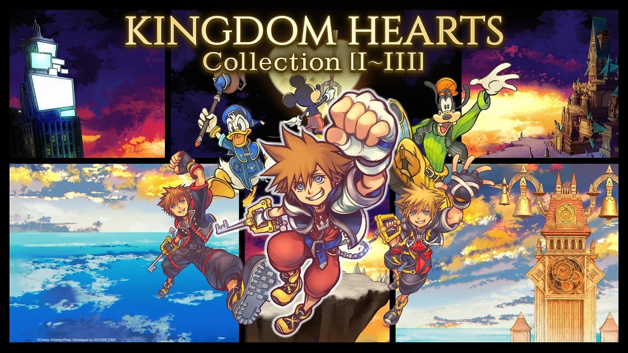Official key art for KINGDOM HEARTS Collection I through III featuring Sora, Donald and Goofy