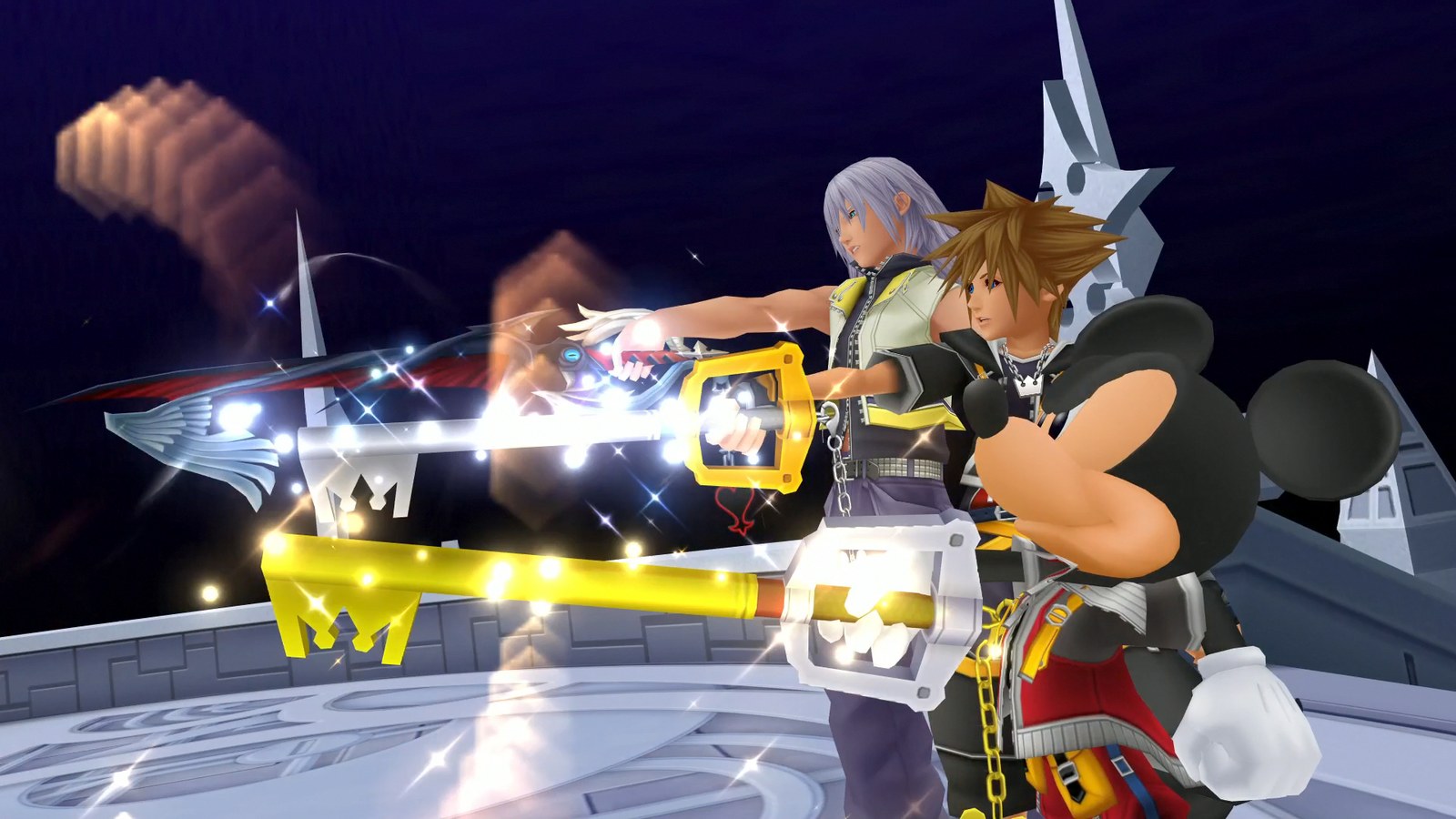 Sora, Riku and King Mickey wield their Keyblades together in Kingdom Hearts III