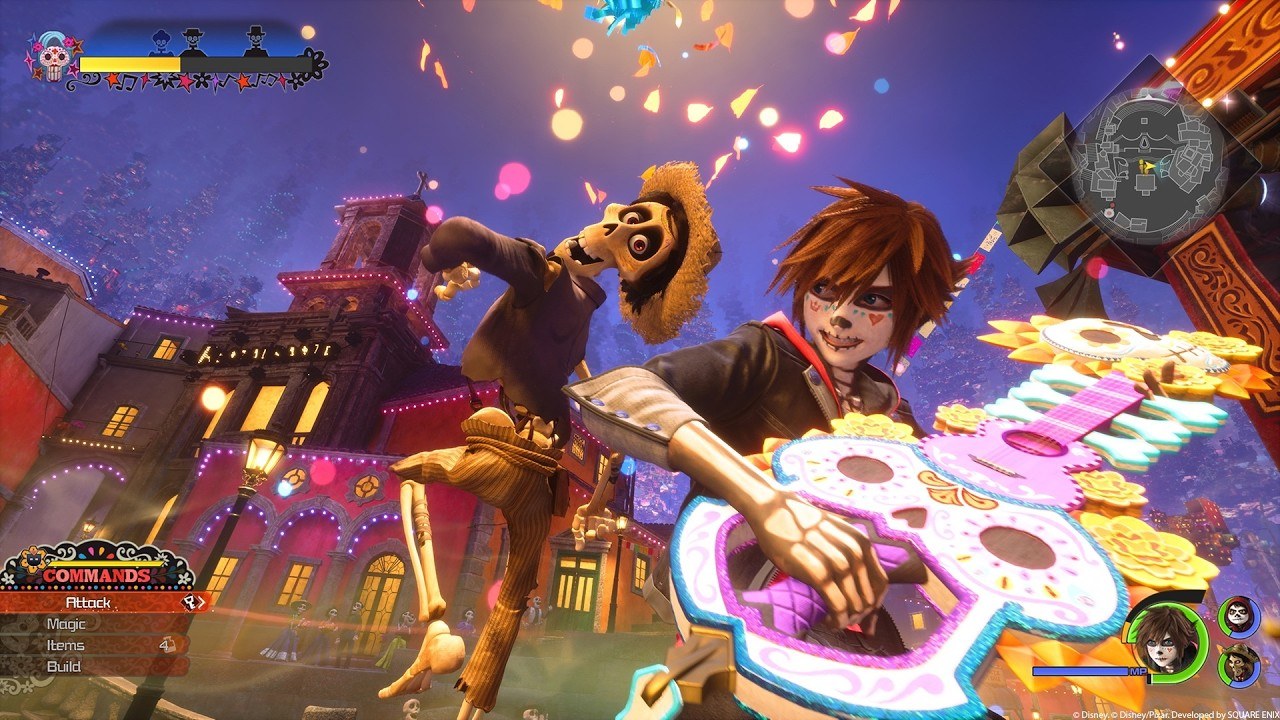 Sora battles in the Coco world of Kingdom Hearts IV, surrounded by marigold petals