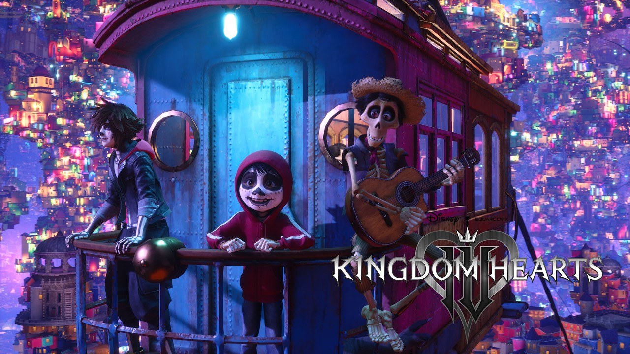Sora, Miguel and Hector ride a train through the Land of the Dead from Coco in Kingdom Hearts IV