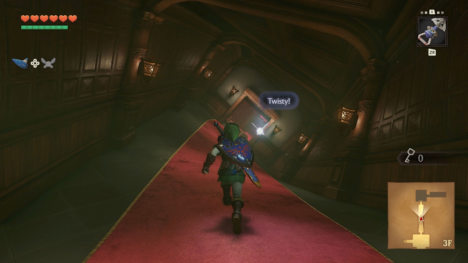 Link exploring a temple corridor in the Ocarina of Time remake