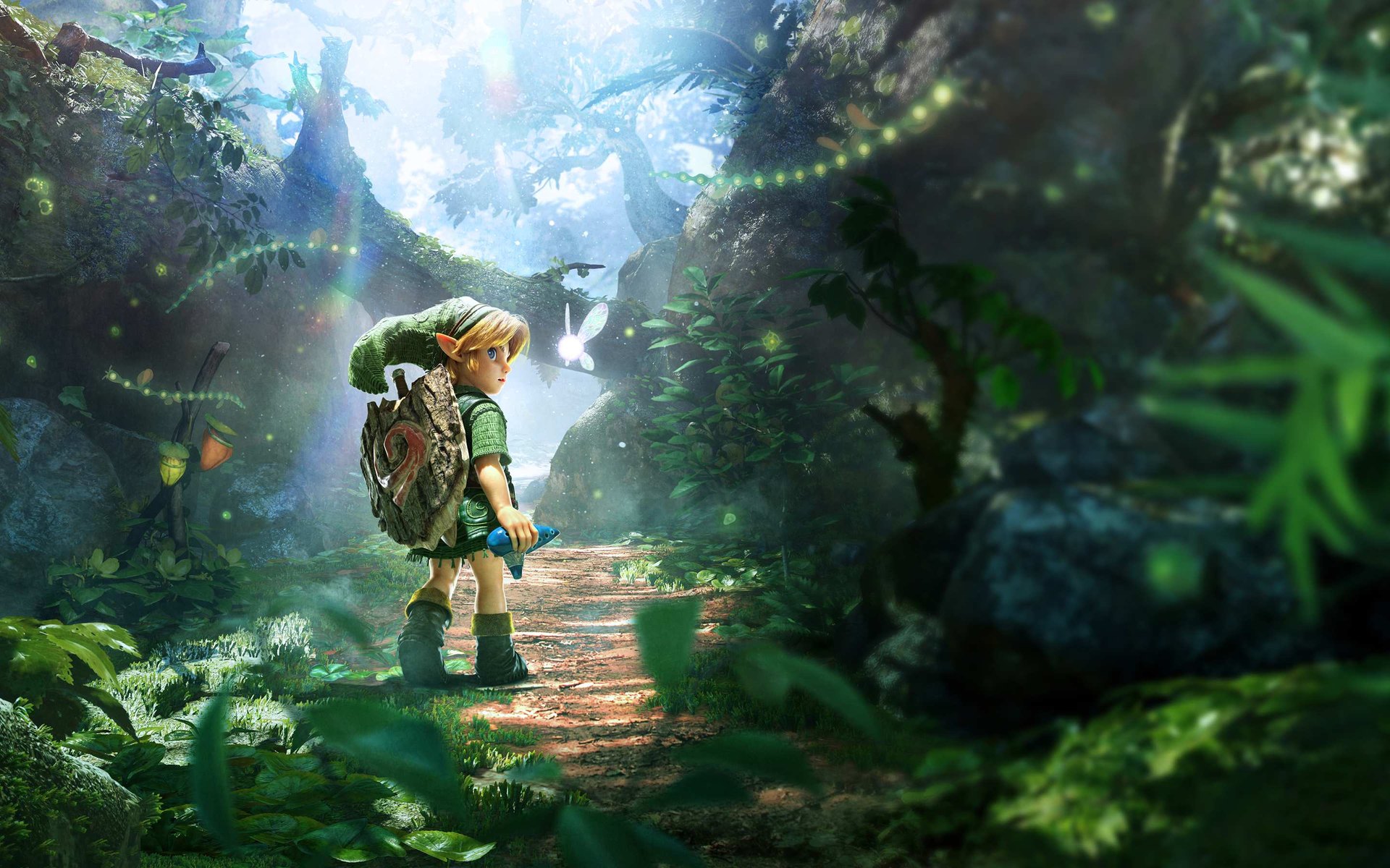 Official key art for The Legend of Zelda: Ocarina of Time on Nintendo Switch 2, with Young Link and Navi in Kokiri Forest