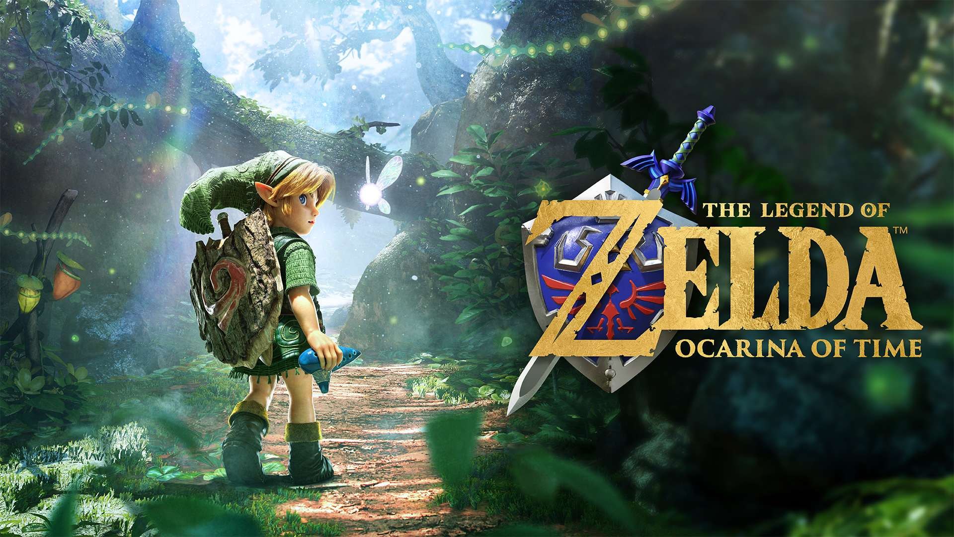 Official key art for The Legend of Zelda: Ocarina of Time on Nintendo Switch 2, showing Young Link and Navi in Kokiri Forest