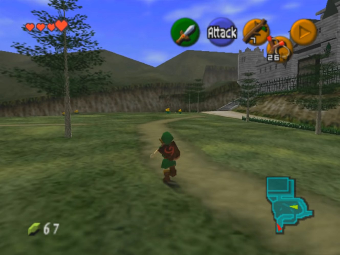 The original 1998 Nintendo 64 version of Ocarina of Time, with Young Link in Hyrule Field