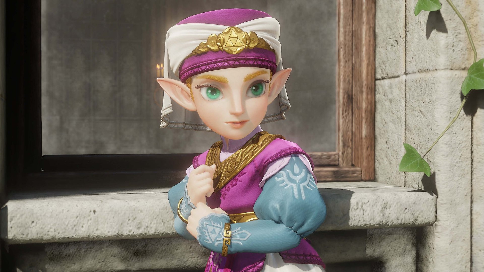 Princess Zelda at the castle courtyard window in the Ocarina of Time remake