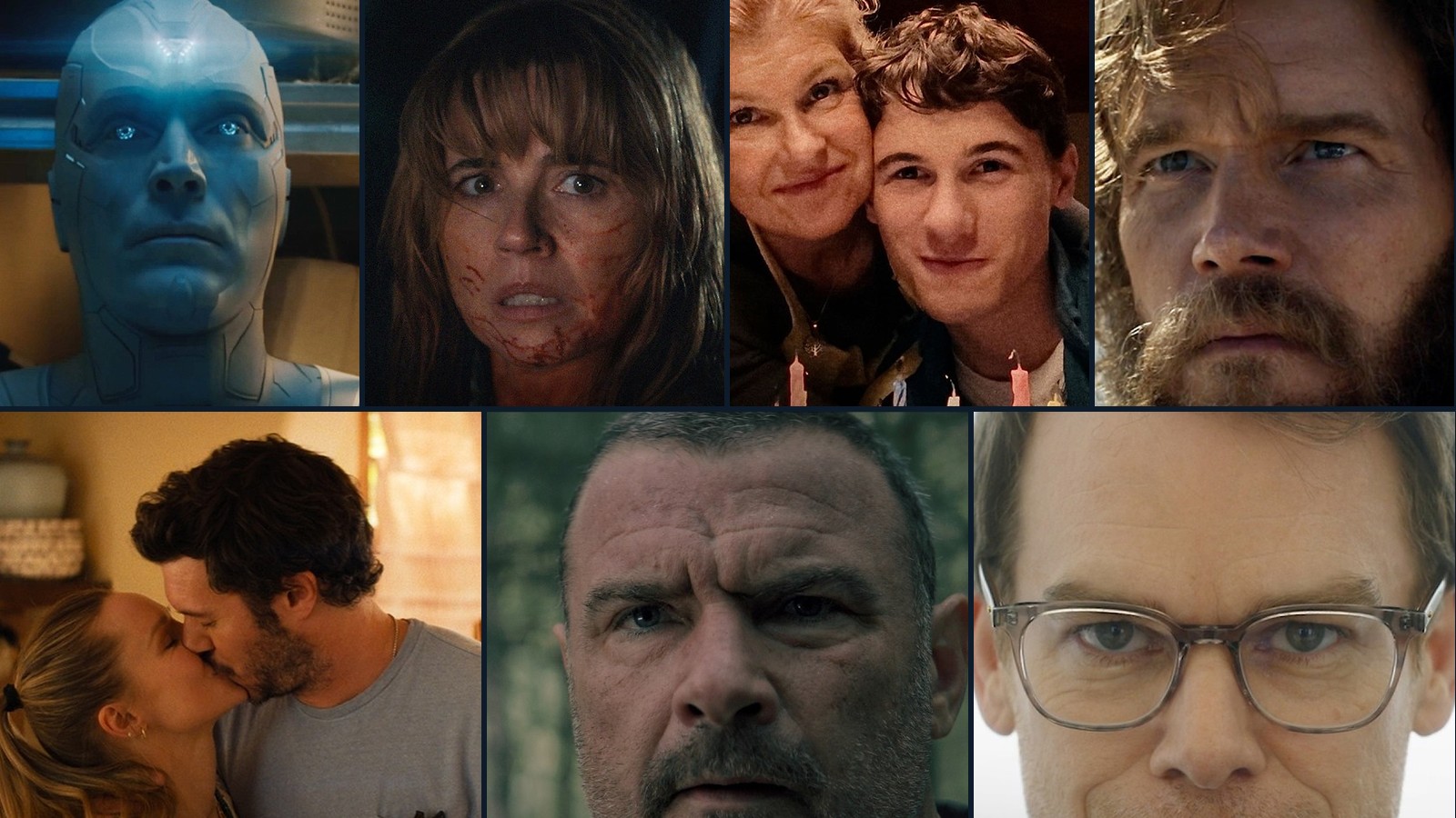 Collage of the stars of VisionQuest, Crystal Lake, Phony, The Terminal List, Nobody Wants This, Nocturne and Dexter: Resurrection