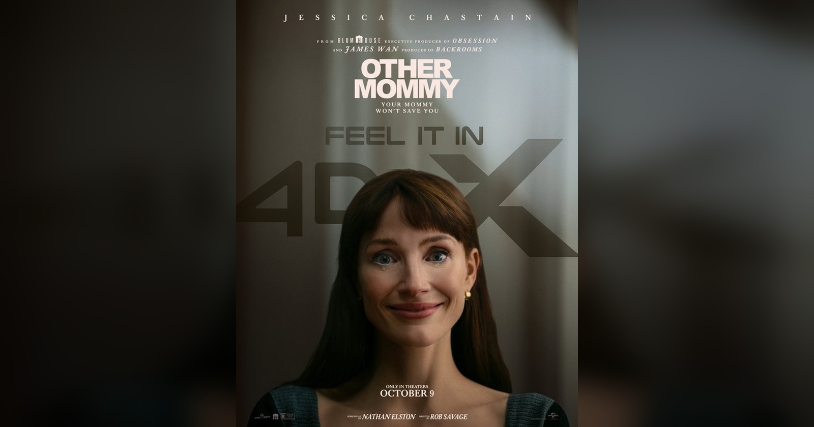 Official Other Mommy theatrical poster: Jessica Chastain smiles with wide, unsettling eyes — Only in Theaters October 9