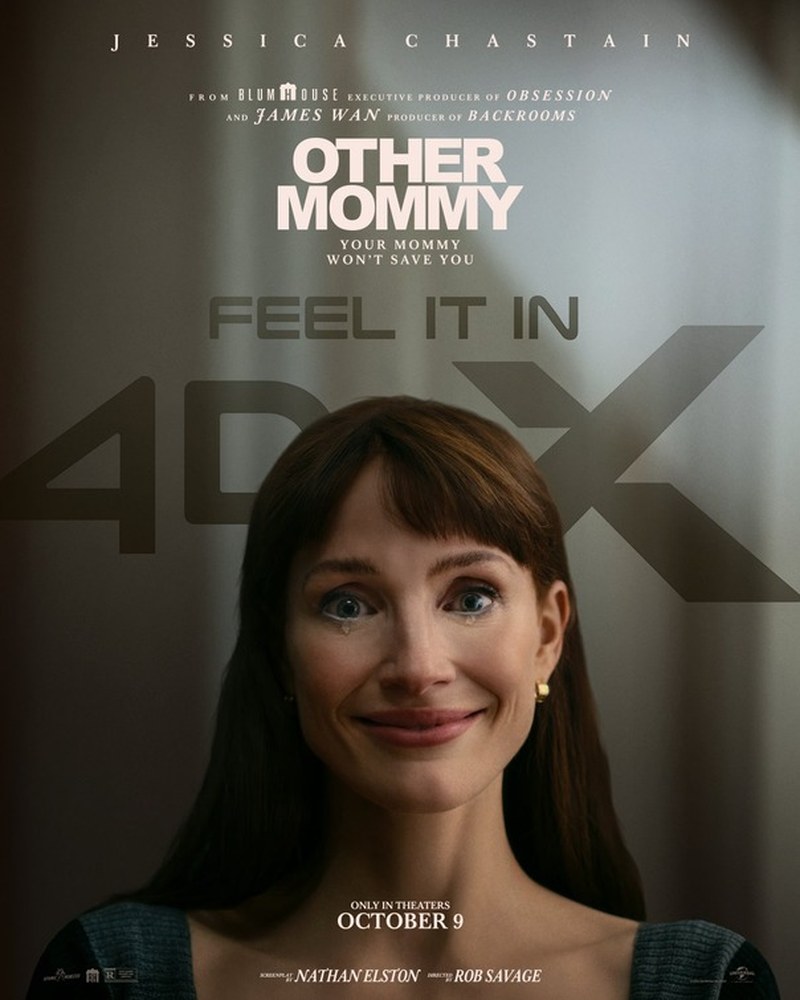Official theatrical poster: Jessica Chastain as the Other Mommy, her wide smile framing the tagline "Your mommy won't save you" — a Blumhouse and Atomic Monster production